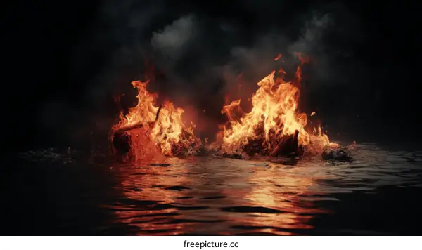 Two large bonfires burn on the surface of a dark lake