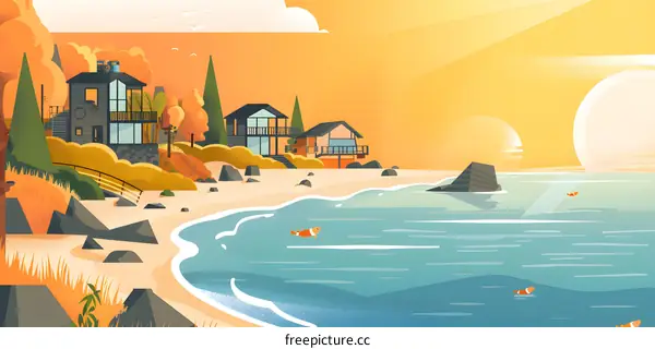 Beautiful Seaside Houses Sunset Illustration