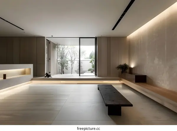 Minimalist Interior Design with Wooden Floors and a View of a Courtyard