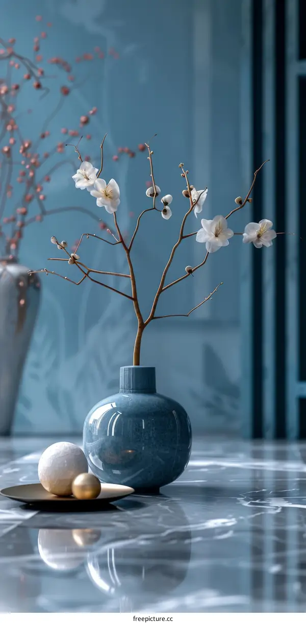 Elegant Blue Vase with Flowers and Decor