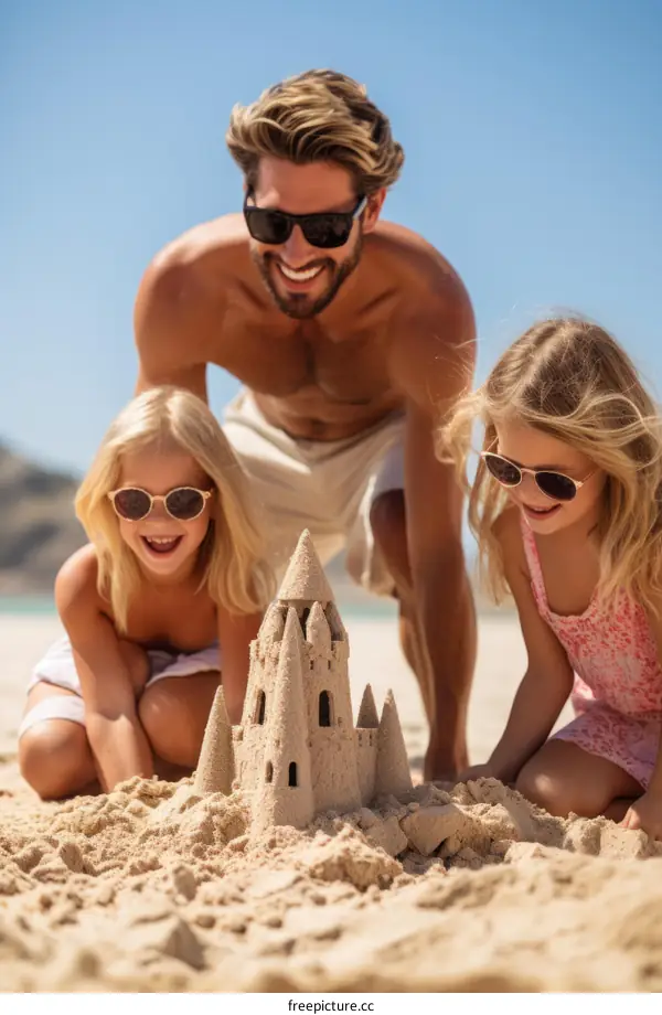 Father and daughters building sandcastle on beach