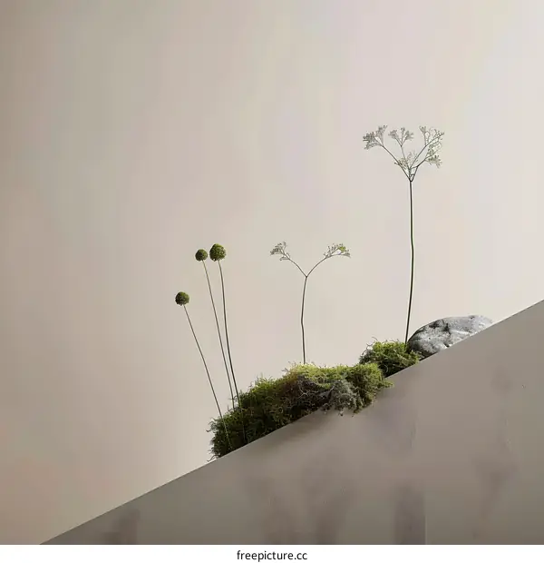 Minimalist Floral Arrangement with Green Plants and Stone on a Beige Background