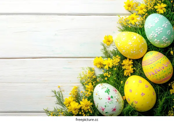 Colorful Easter Eggs Decorated with Flowers on a Wooden Background