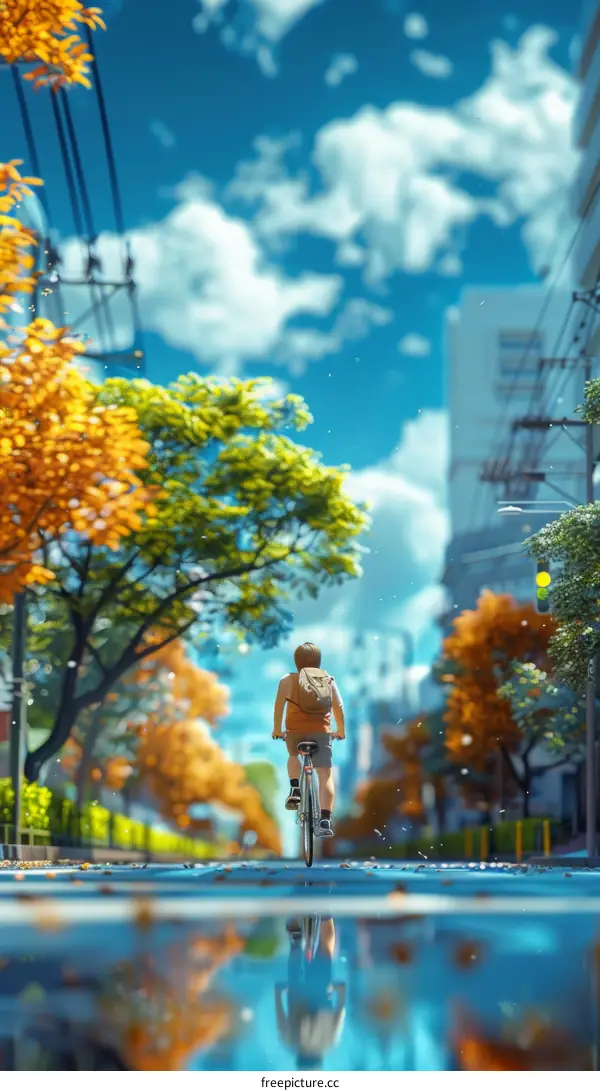 A boy riding a bicycle down a street with autumn leaves