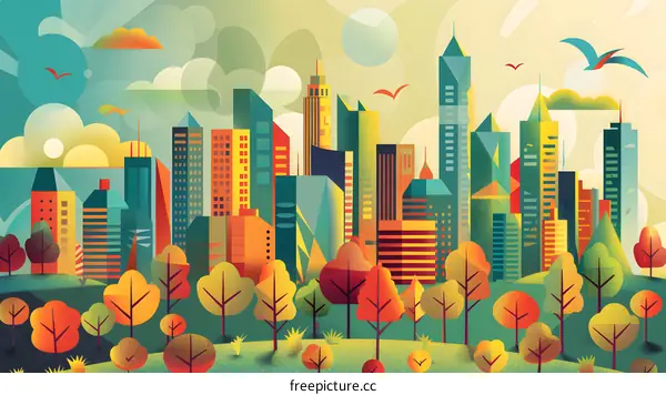 Colorful Illustration of Cityscape with Trees