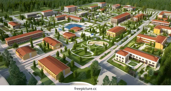 Aerial View of a Campus with Buildings and Green Spaces