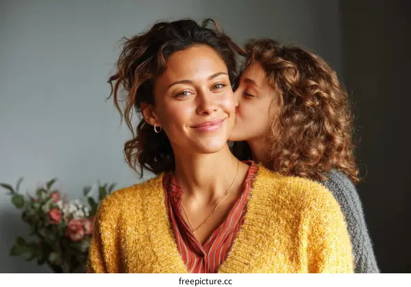 Mother and Daughter Kissing Affectionately