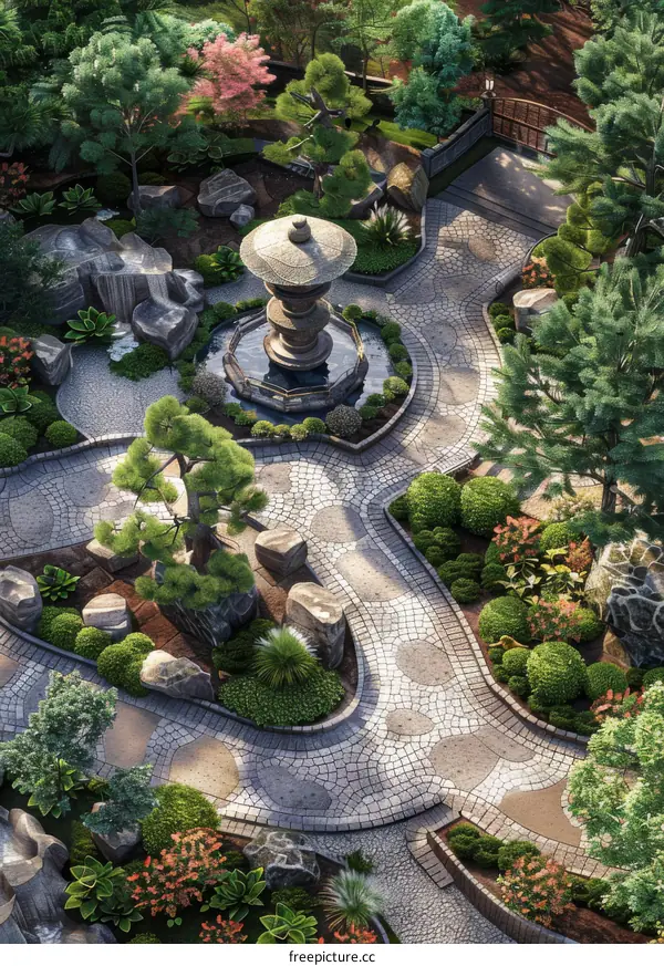 Japanese Zen Garden with Fountain, Stone Lantern, and Strolling Path