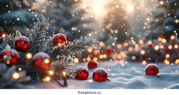 Christmas decorations with red balls on a snowy fir branch