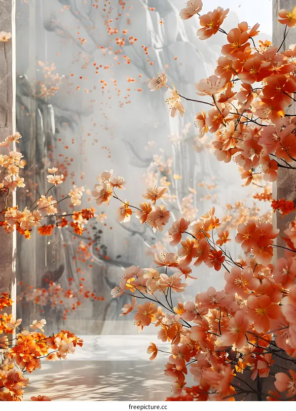 Orange peach blossom flowers blooming in the mist