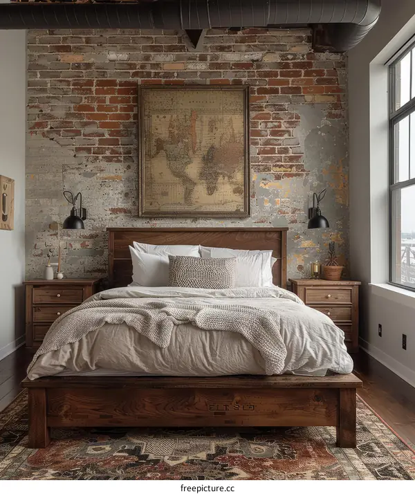 cozy bedroom with wood bedframe and brick wall