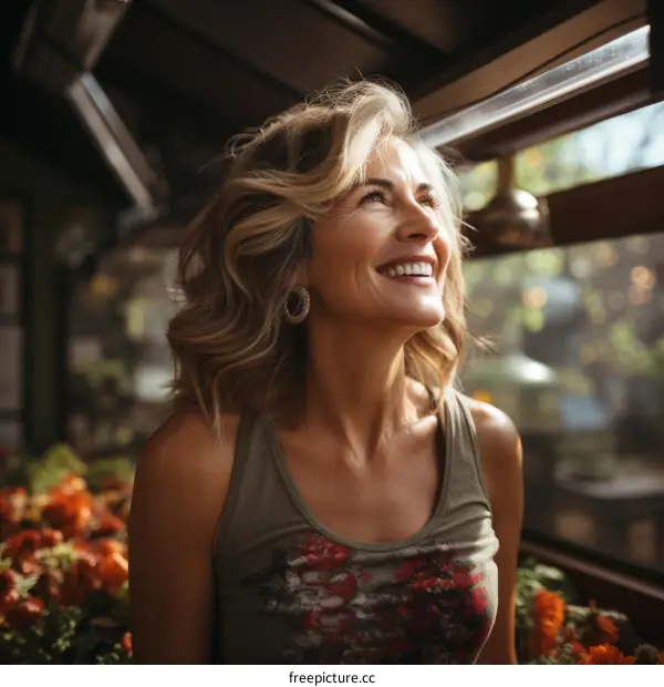 Smiling Woman in a Greenhouse