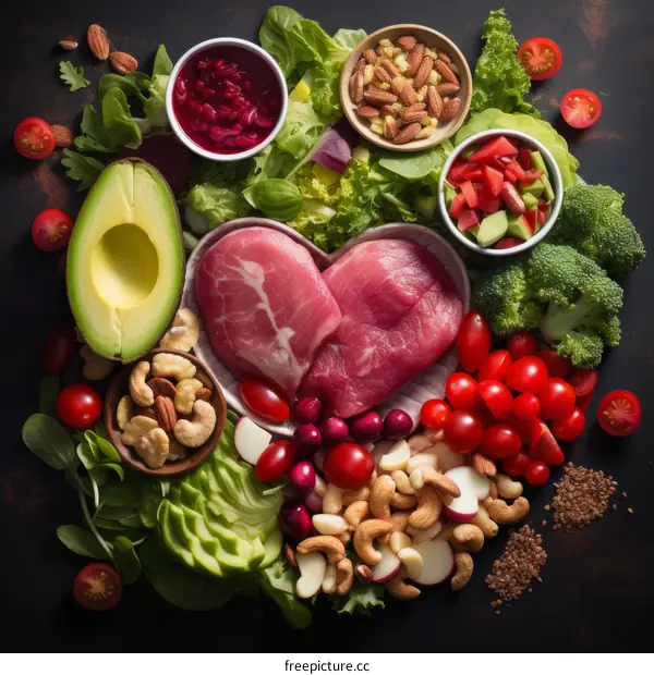 A variety of healthy food arranged on a dark background