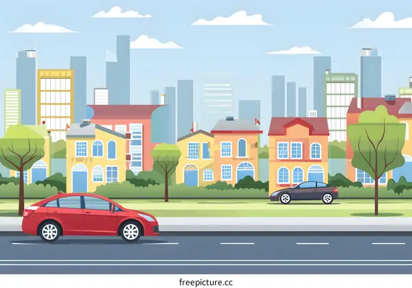 Cityscape Illustration with Houses and Cars