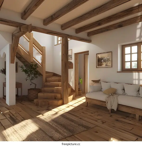 Rustic Wooden Staircase in a Modern Farmhouse