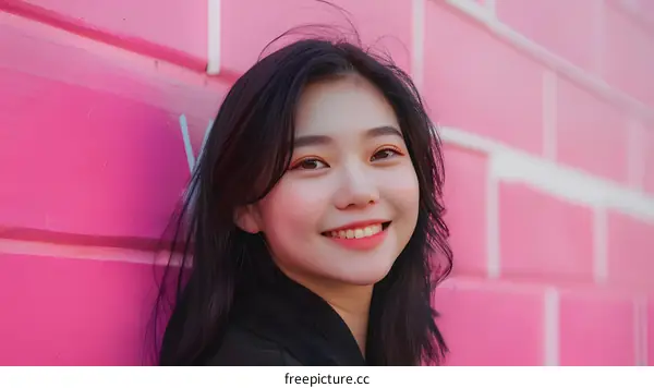Young Asian Woman Smiling Against Pink Wall