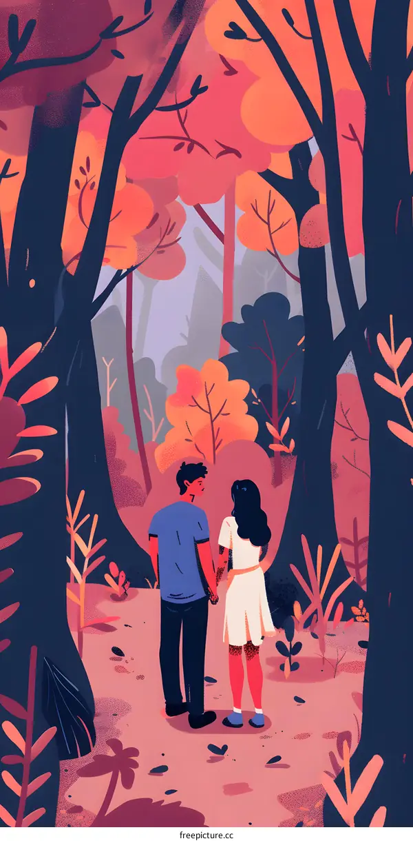 Couple Holding Hands In Autumn Forest Illustration