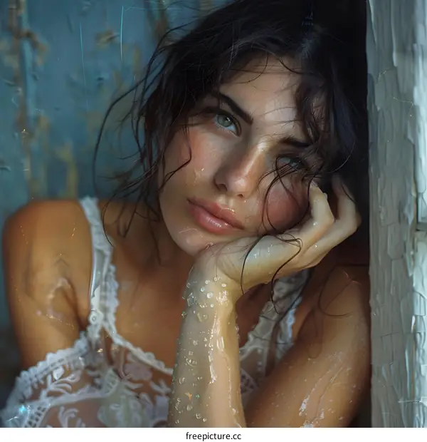 portrait of a young woman with wet hair and freckles
