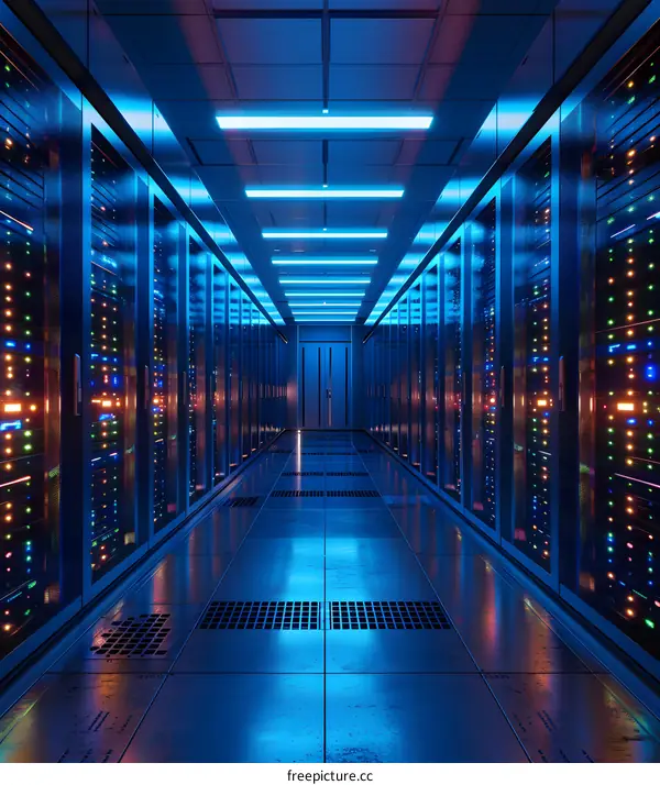 Blue and Black Server Room with Glowing Lights