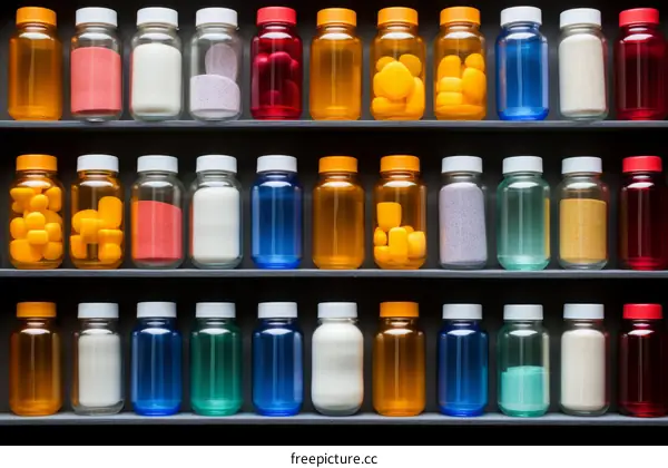 Colorful bottles of pills and powders arranged on shelves.
