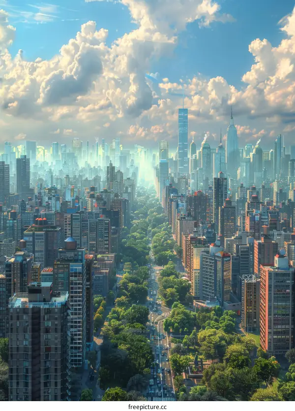 Aerial View of a Cityscape with Lush Green Spaces