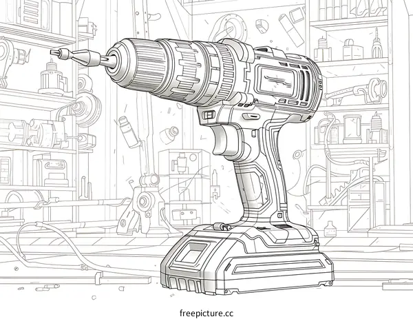 Cordless Drill in Workshop Illustration