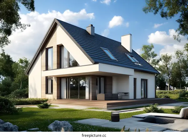 Modern House with Black Roof and Large Windows