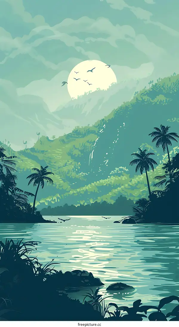 Tropical Landscape with Mountain Range and Waterfall