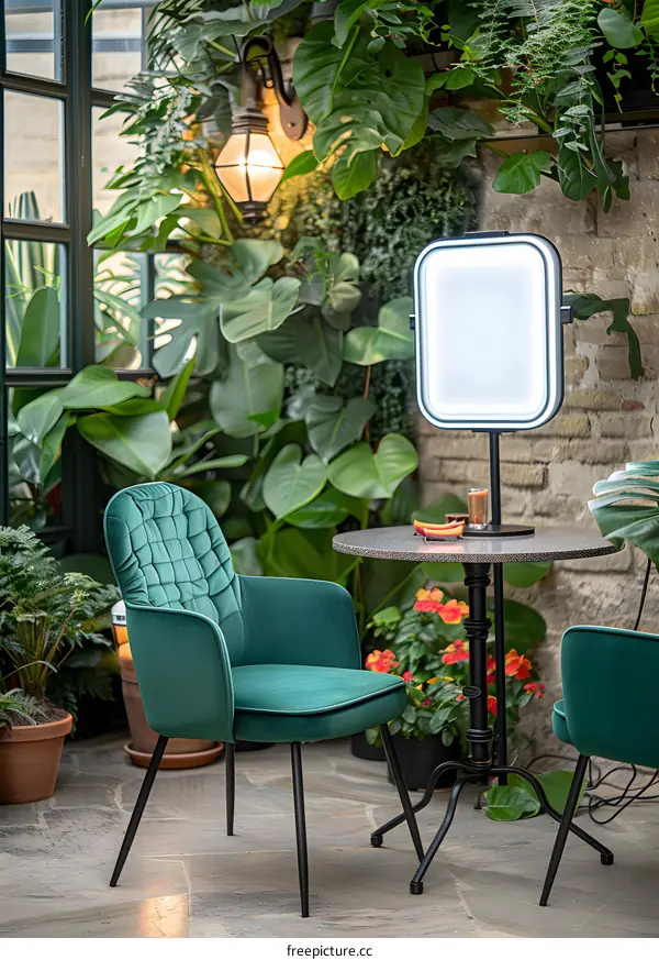 Green Velvet Chair With Black Metal Legs and Table in Tropical Garden