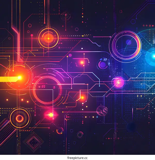 Abstract Circuit Board Background With Neon Lights