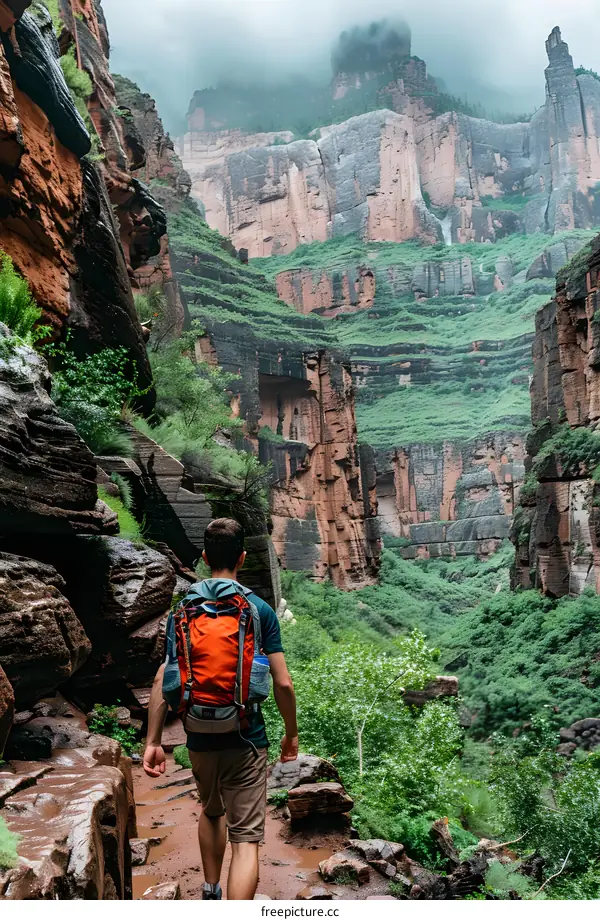 Man Hiking Through Canyon With Backpack