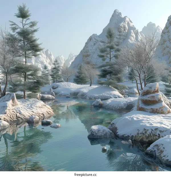 Snowy Winter Wonderland Landscape with Mountains