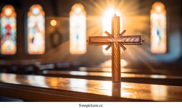 Wooden Cross in Church with Colorful Stained Glass Windows
