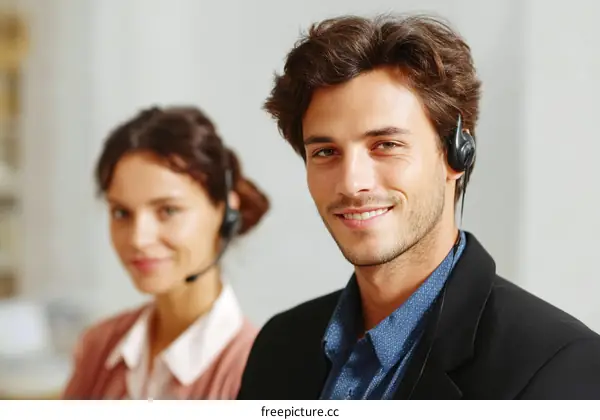 Two professional customer service agents wearing headsets smiling