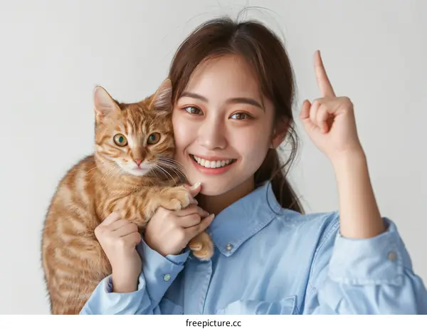 Young Asian woman with a cat on her shoulder