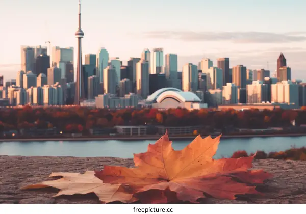 Toronto skyline with autumn leaves in foreground