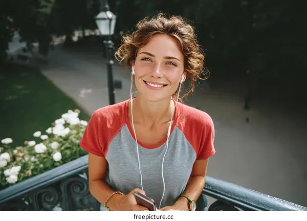 Smiling Woman with Earbuds on Balcony