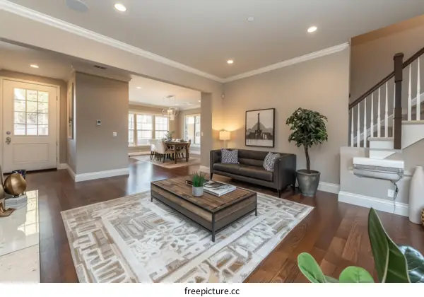 Family Room With Hardwood Floors And Staircase