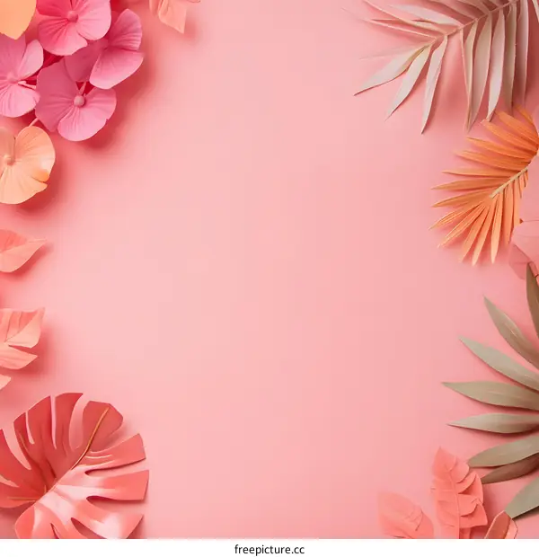 Pink and Peach Tropical Leaves on Pink Background
