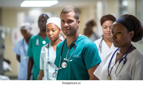Group of diverse doctors and nurses in a hospital hallway