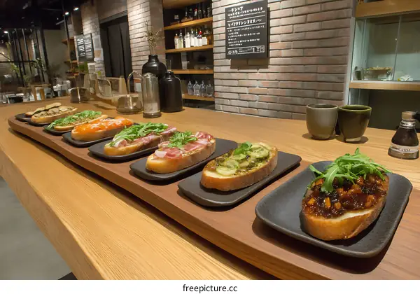 Variety of Bruschetta on Wooden Board