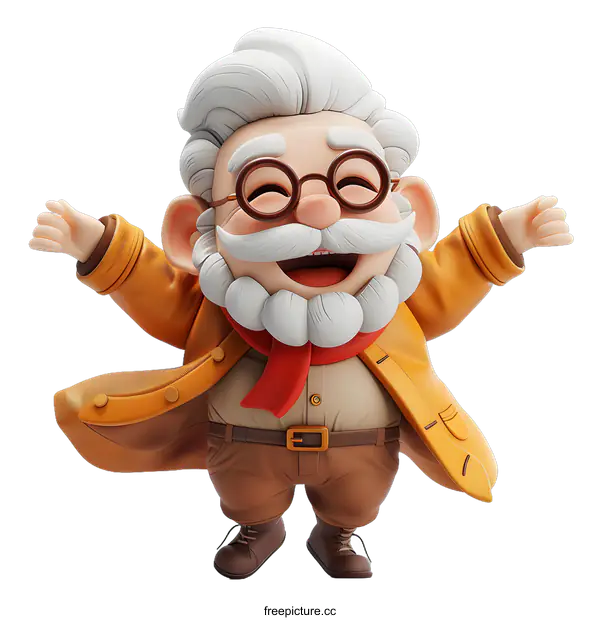 [Transparent Background PNG]Cheerful cartoon grandpa with glasses and a red scarf