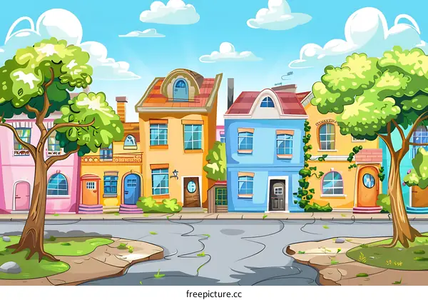 Cartoon Illustration Of Colorful Houses In A Row