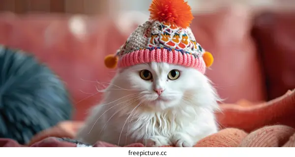 A white cat wearing a colorful hat is sitting on a bed.