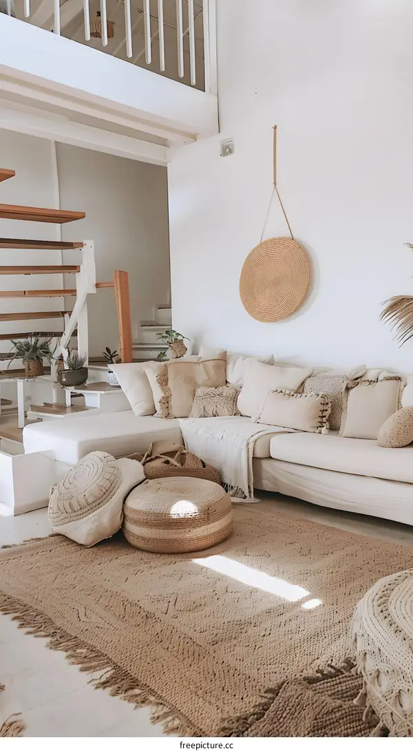 Modern Living Room With Woven Rug and Pillows