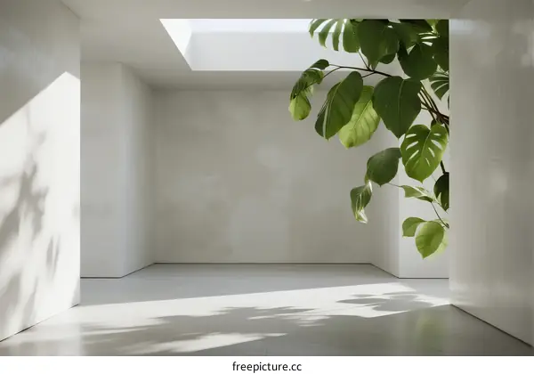 Minimalist White Room with Skylight and Large Green Plant