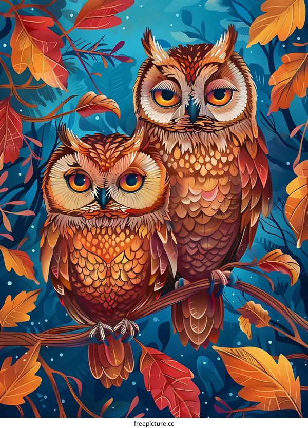 Two Owls Sitting on a Branch in Autumn Forest