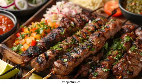 meat skewers on a wooden plate