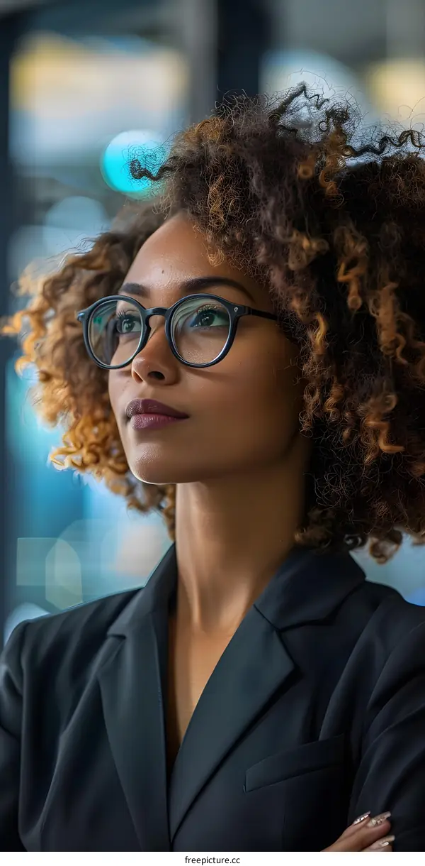 portrait of a young woman wearing glasses and a suit