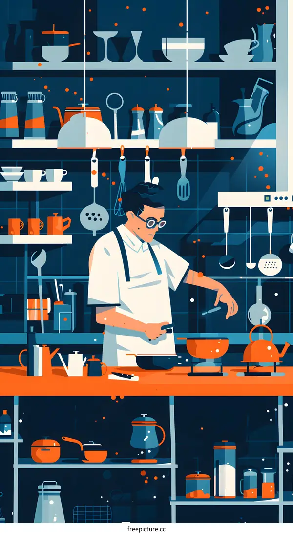 Man Cooking in Kitchen with Various Pots and Pans